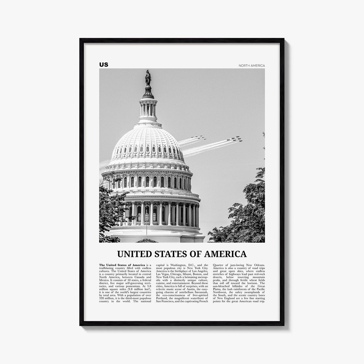 United States of America no. 2 black & white newspaper poster of North America – vertical wall art, unframed print shown in i