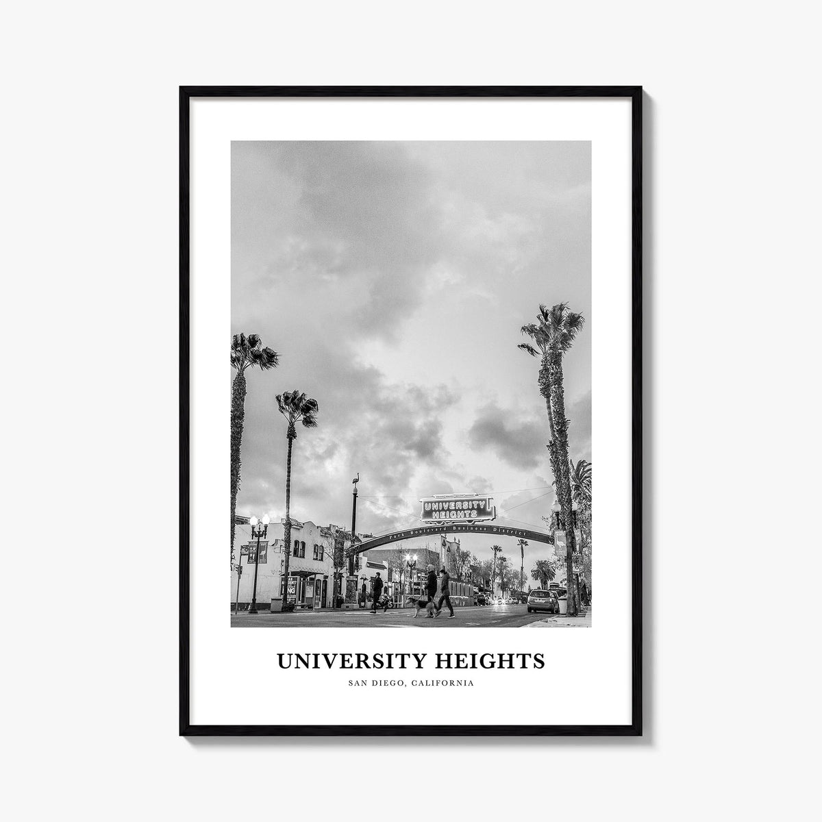 University Heights black & white classic poster of San Diego, California – vertical wall art, unframed print shown in interio