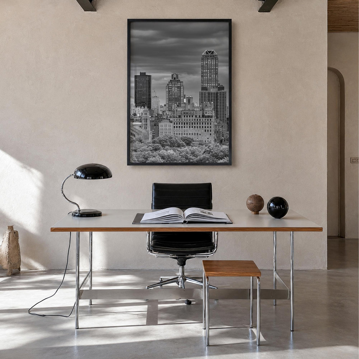 Upper East Side black & white photo poster of Manhattan, New York City – vertical wall art in black wood frame, hanging on wa