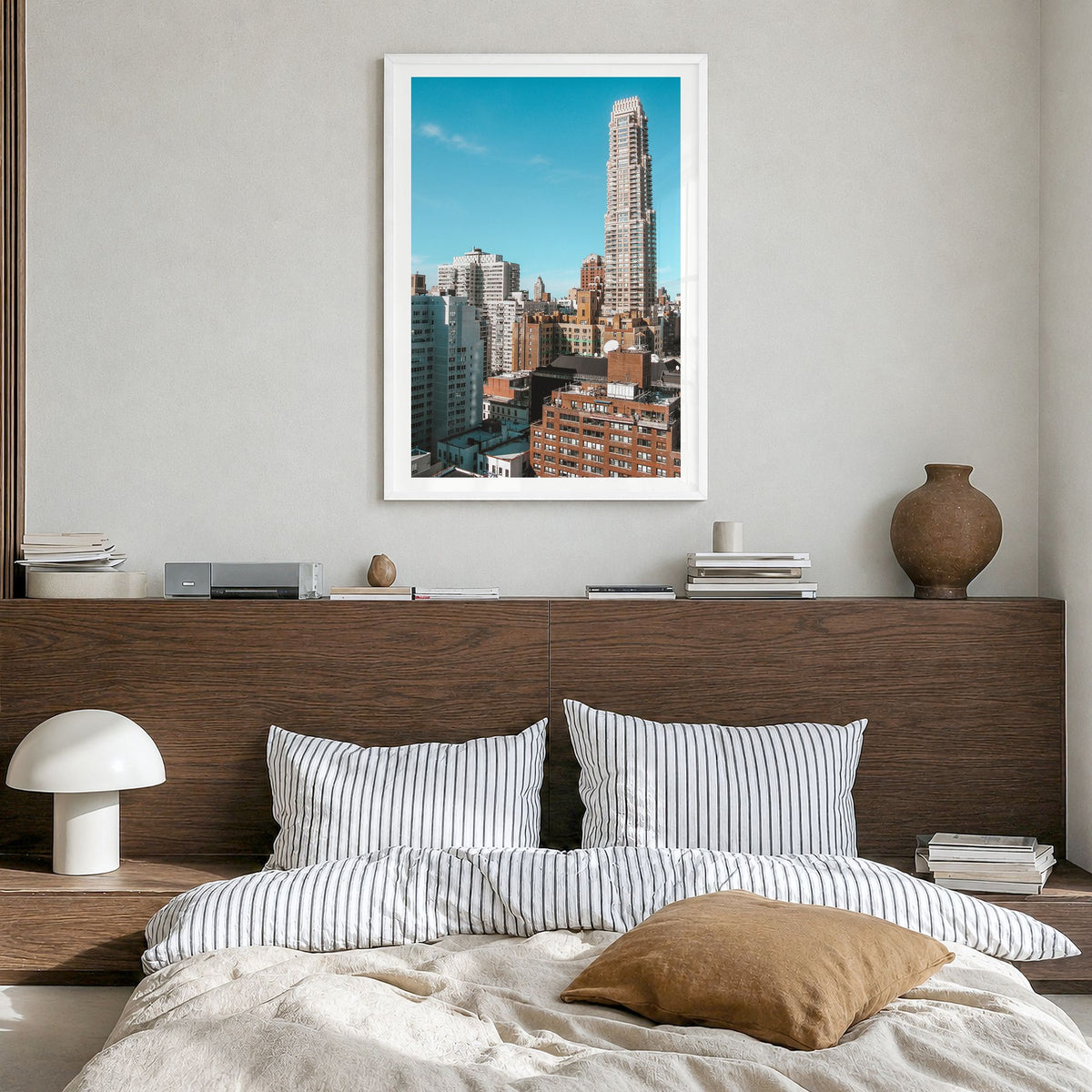 Upper East Side Photo No 2 Poster in a white wood frame, hanging in a bedroom, white border