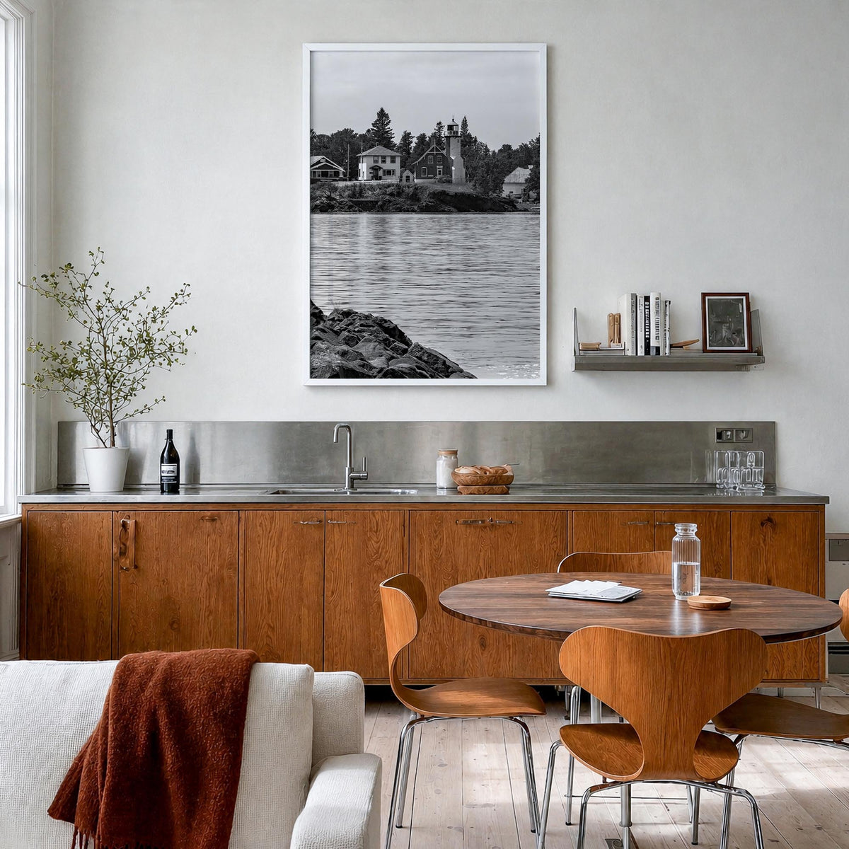 Upper Peninsula black & white photo poster of Michigan, USA – vertical wall art in white wood frame, hanging on wall