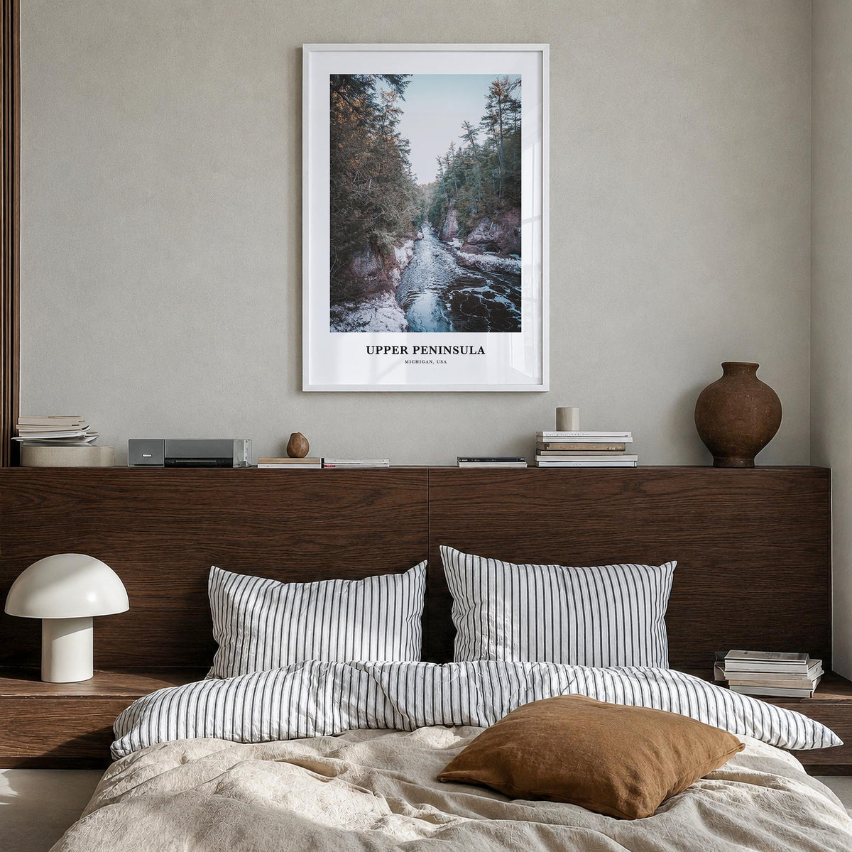 Upper Peninsula colorful classic poster of Michigan, USA – vertical wall art in white wood frame, hanging on wall
