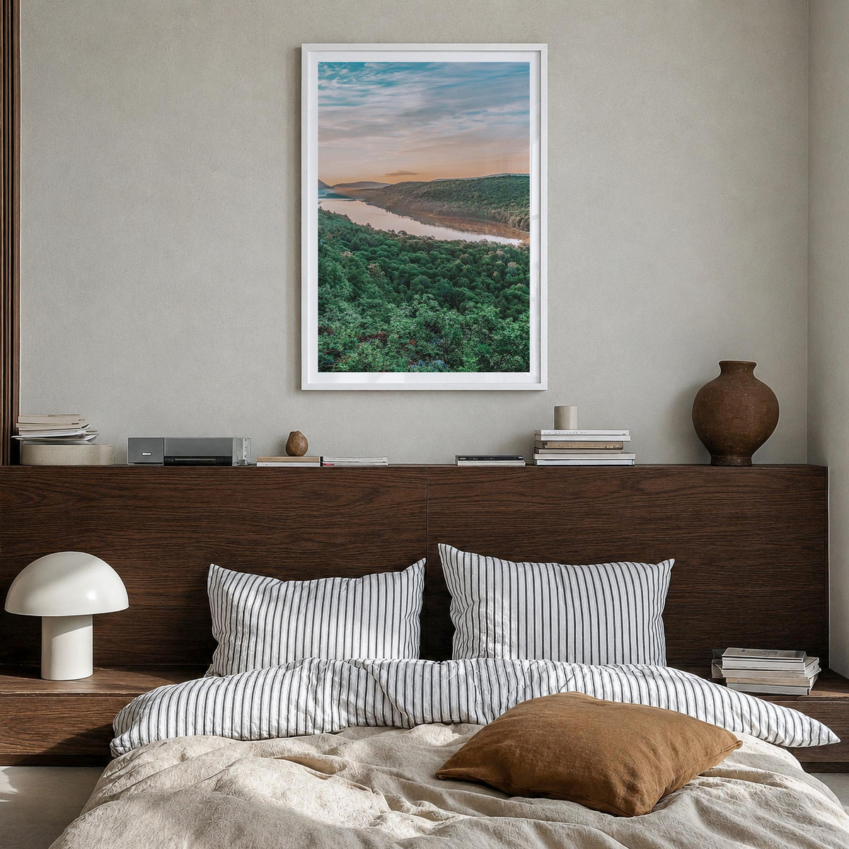 Upper Peninsula colorful photo poster of Michigan, USA – vertical wall art in white wood frame with white border, hanging on