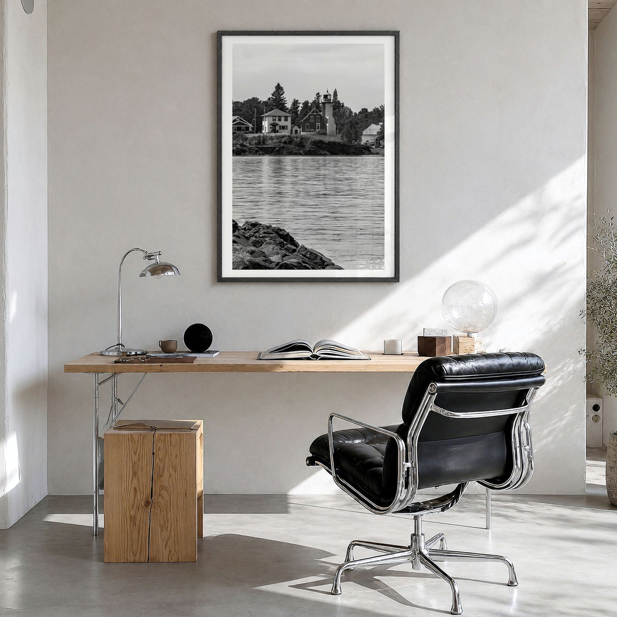 Upper Peninsula Photo Poster in a black wood frame, hanging in a bright home office, white border