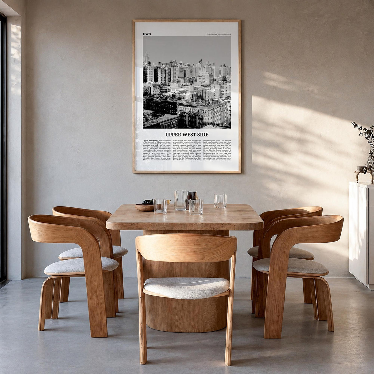 Upper West Side black & white newspaper poster of Manhattan, New York City – vertical wall art in natural wood frame, hanging
