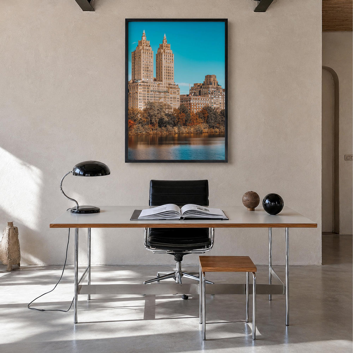 Upper West Side no. 2 colorful photo poster of Manhattan, New York City – vertical wall art in black wood frame, hanging on w