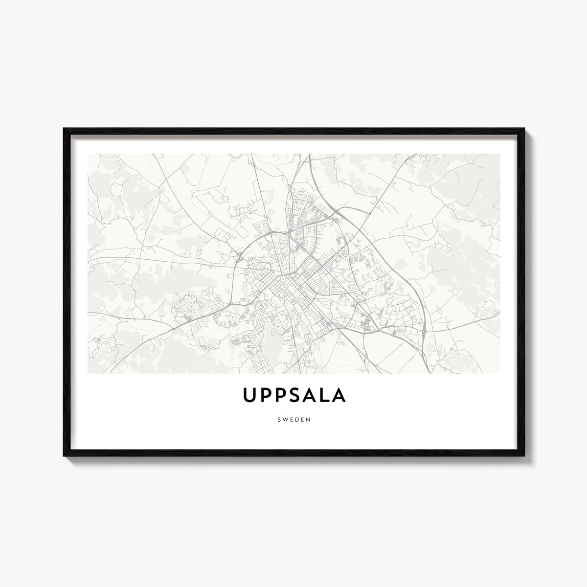 Uppsala black & white map poster of Sweden – horizontal wall art, unframed print shown in interior mockup