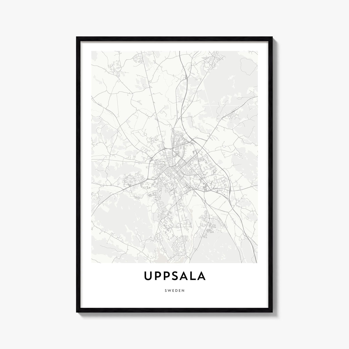 Uppsala black & white map poster of Sweden – vertical wall art, unframed print shown in interior mockup