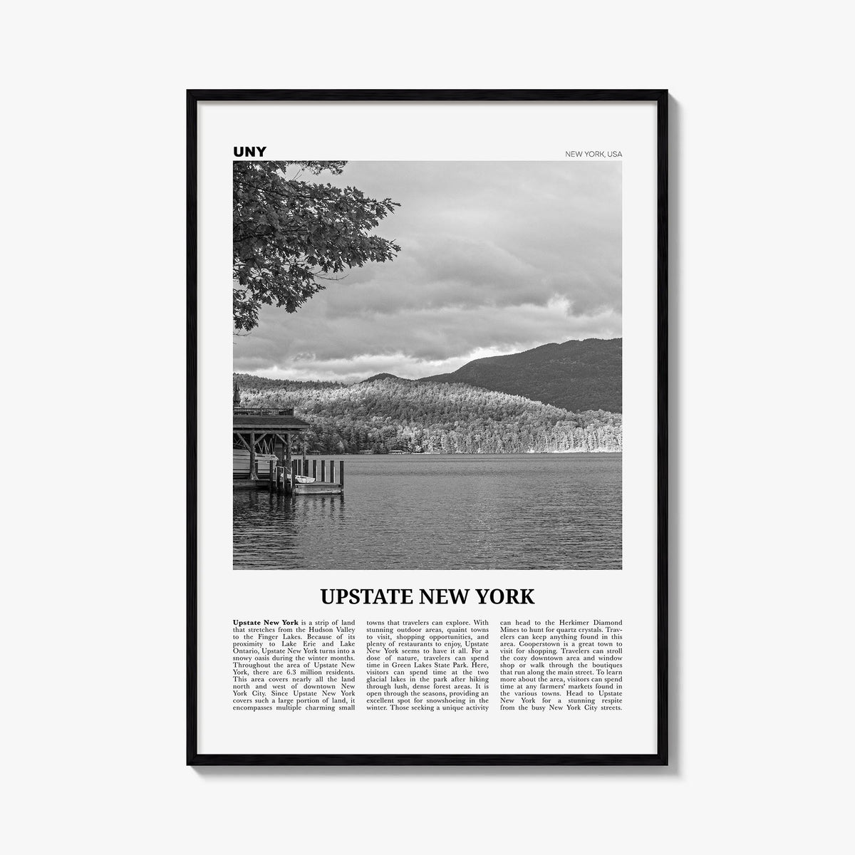 Upstate New York black & white newspaper poster of New York, USA – vertical wall art, unframed print shown in interior mockup