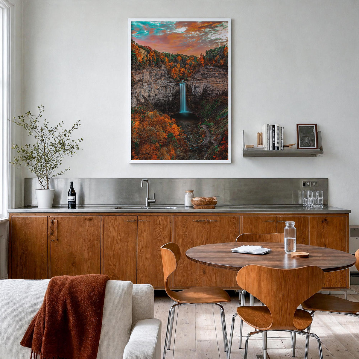 Upstate New York colorful photo poster of New York, USA – vertical wall art in white wood frame, hanging on wall