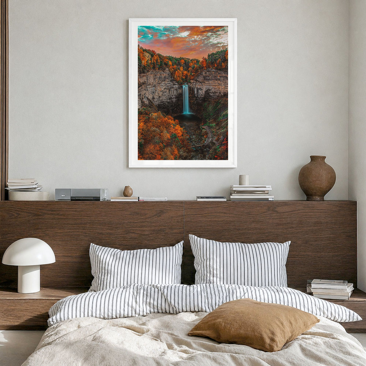 Upstate New York Photo Poster in a white wood frame, hanging in a bedroom, white border