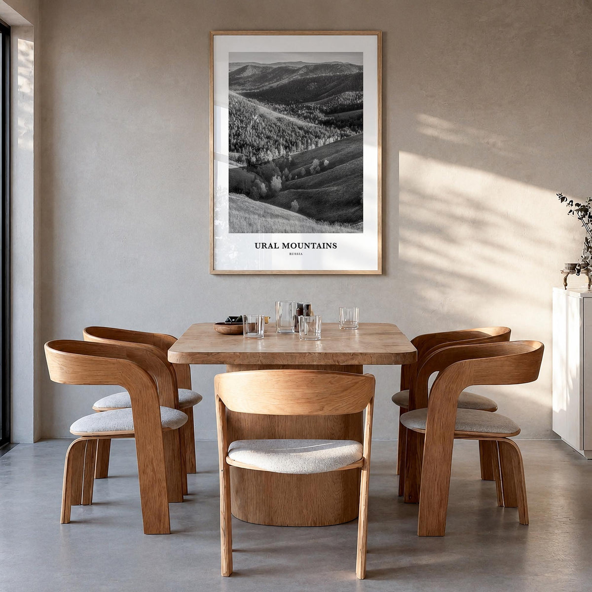 Ural Mountains black & white classic poster of Russia – vertical wall art in natural wood frame, hanging on wall