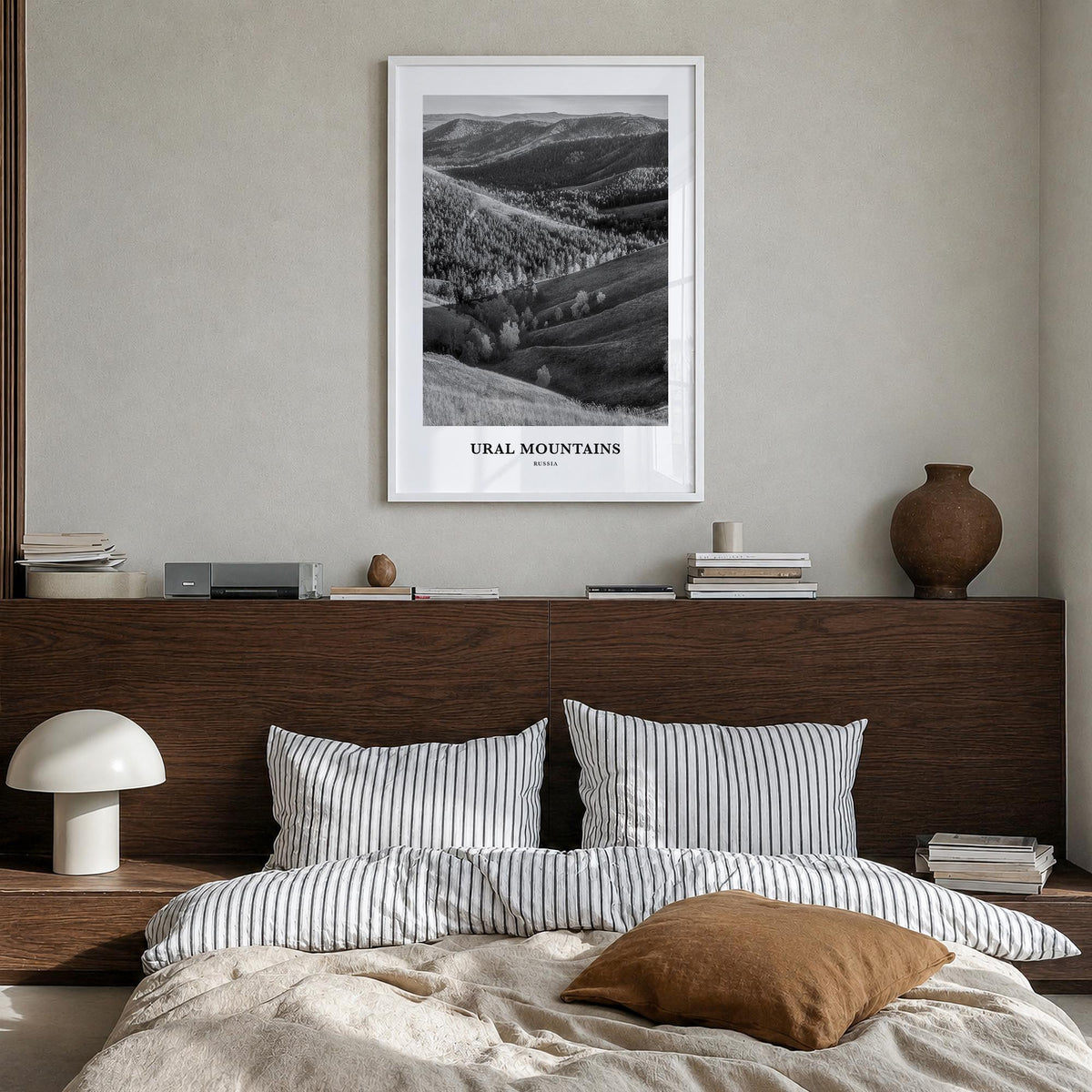 Ural Mountains black & white classic poster of Russia – vertical wall art in white wood frame, hanging on wall