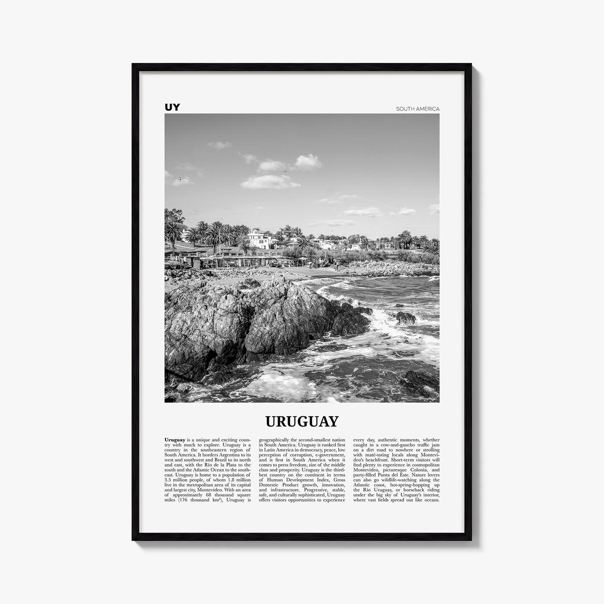 Uruguay black & white newspaper poster of South America – vertical wall art, unframed print shown in interior mockup