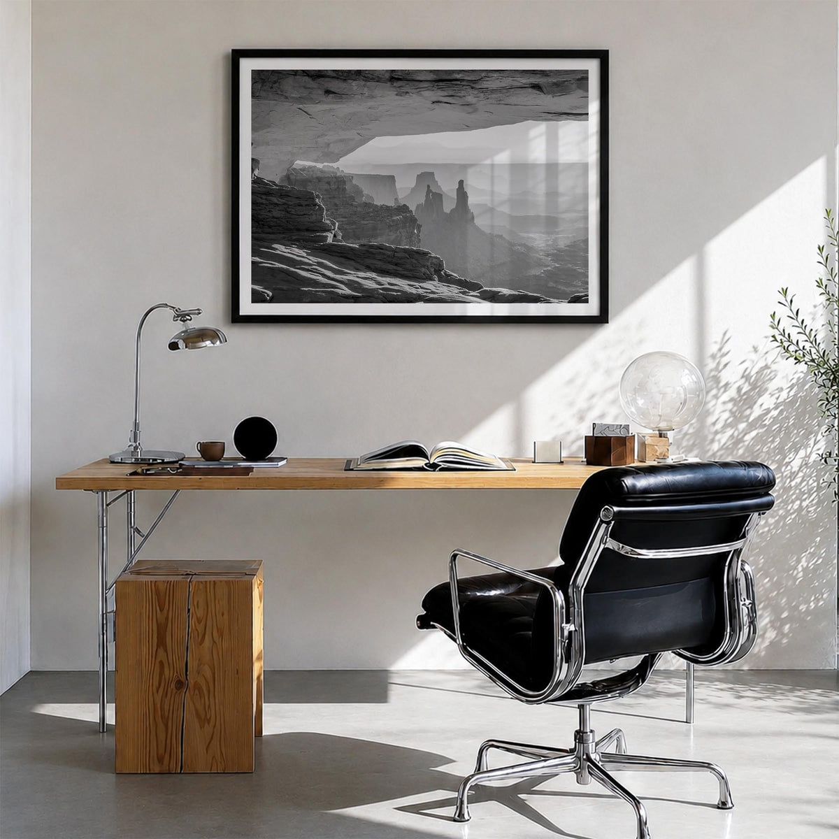Utah black & white photo poster of United States – horizontal wall art in black wood frame with white border, hanging on wall