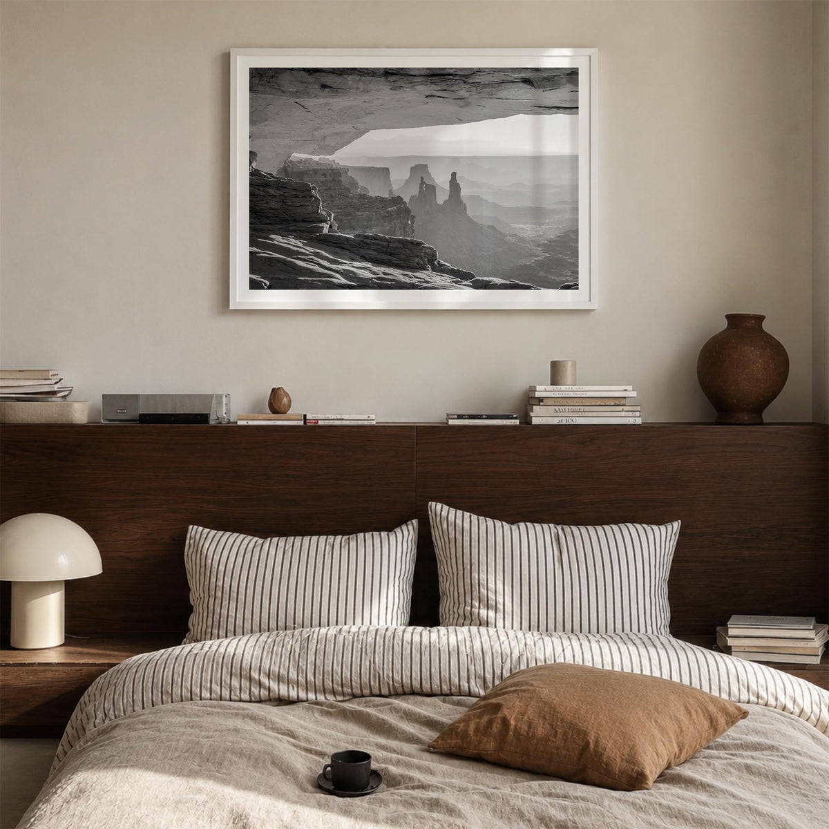 Utah black & white photo poster of United States – horizontal wall art in white wood frame with white border, hanging on wall