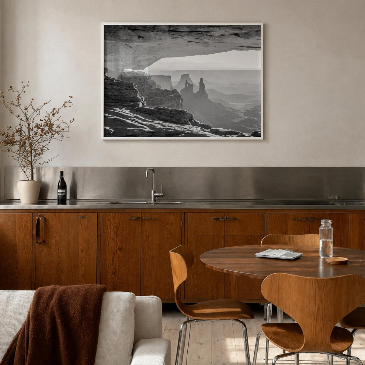 Utah black & white photo poster of United States – horizontal wall art in white wood frame, hanging on wall