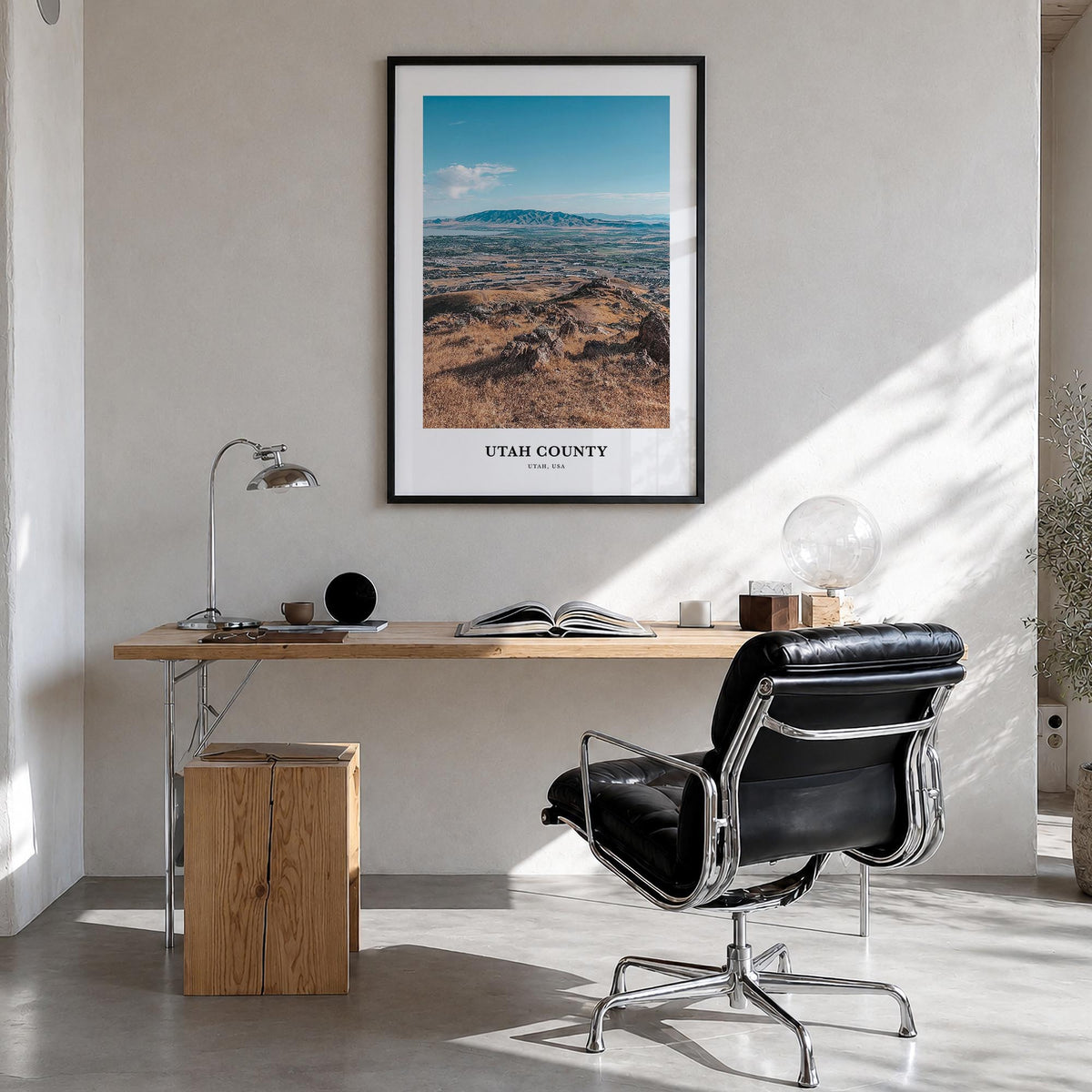 Utah County colorful classic poster of Utah, USA – vertical wall art in black wood frame, hanging on wall