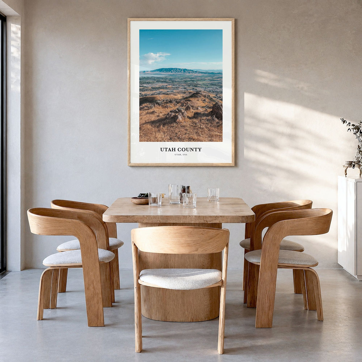 Utah County Classic Poster in a natural wood frame, hanging in a dining room