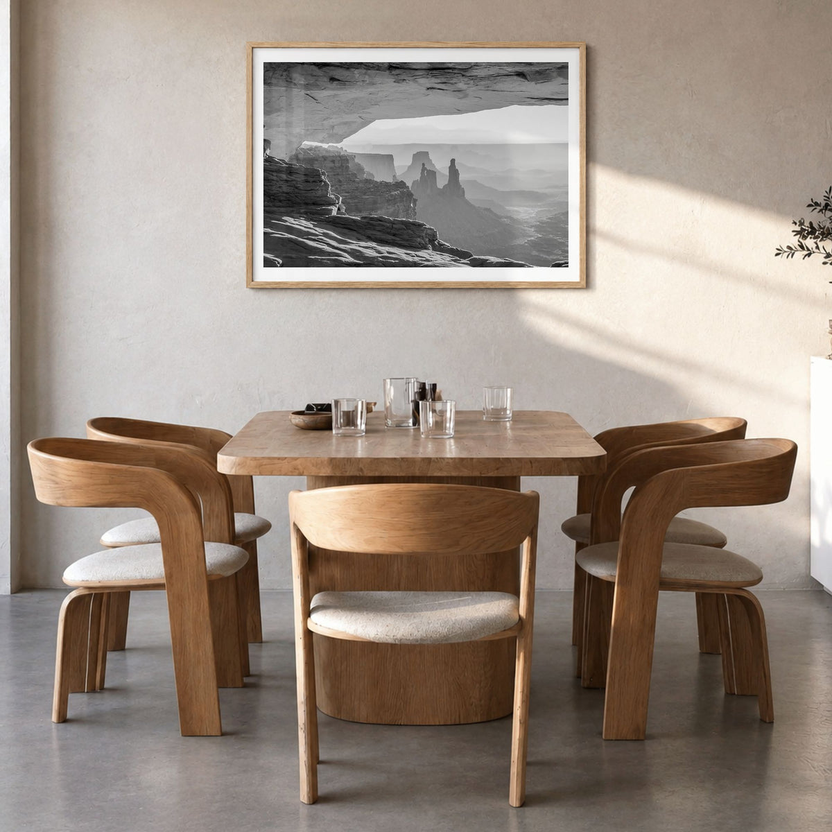 Utah Photo Poster in a natural wood frame, hanging in a dining room, white border