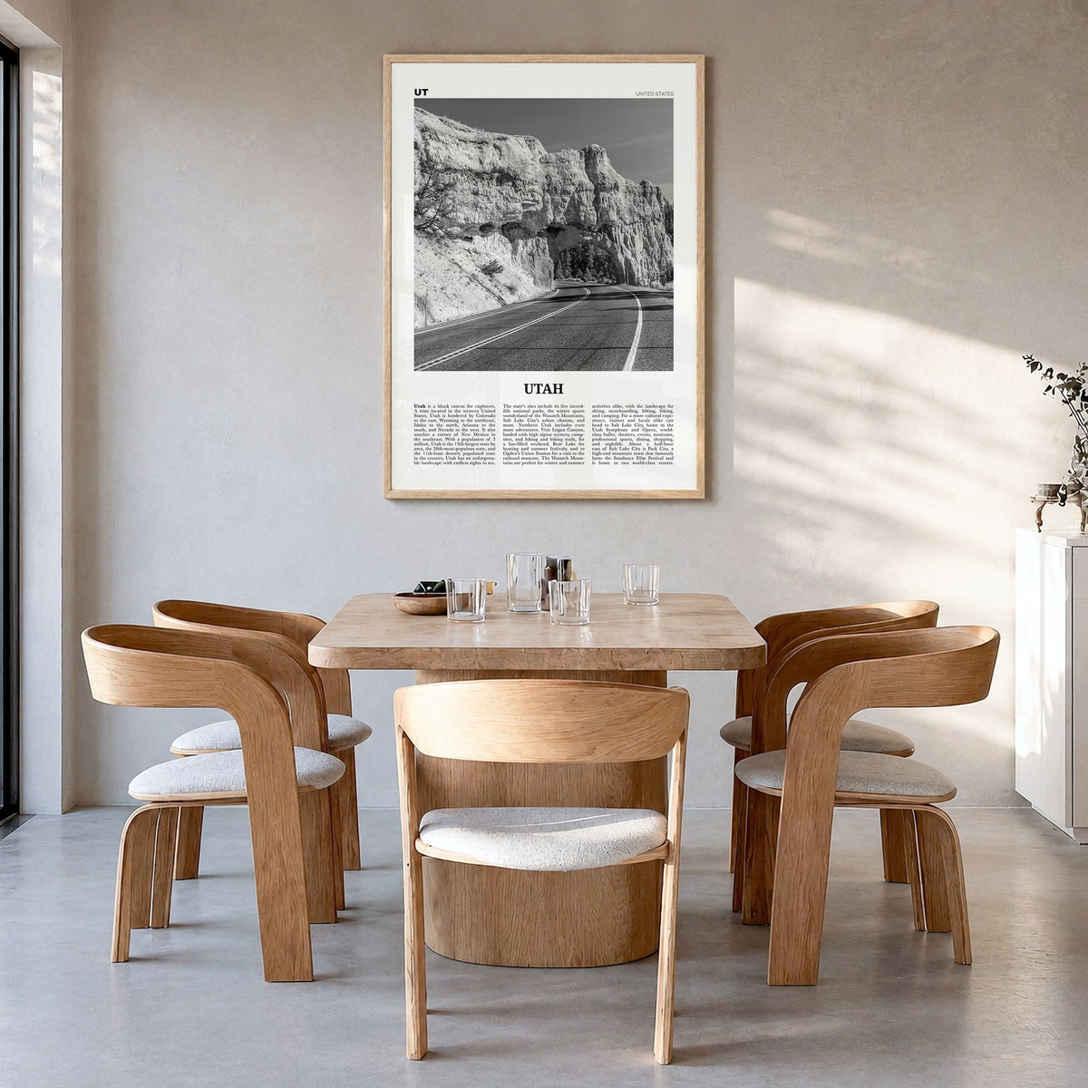 Utah Newspaper No 3 Poster in a natural wood frame, hanging in a dining room