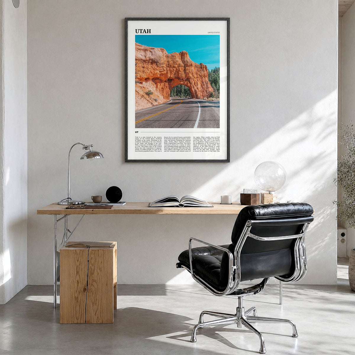 Utah Travel No 2 Poster in a black wood frame, hanging in a bright home office