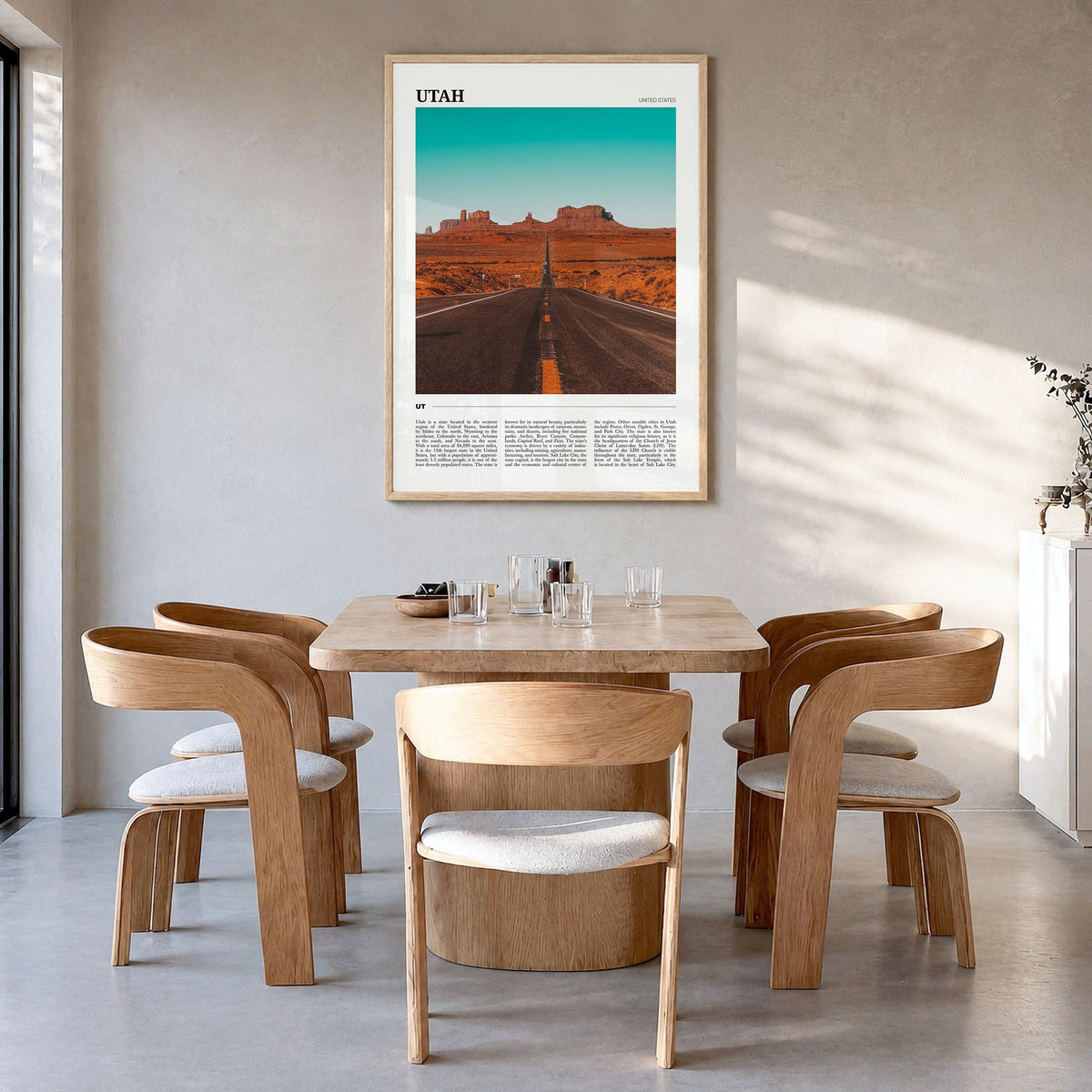 Utah Travel No 3 Poster in a natural wood frame, hanging in a dining room