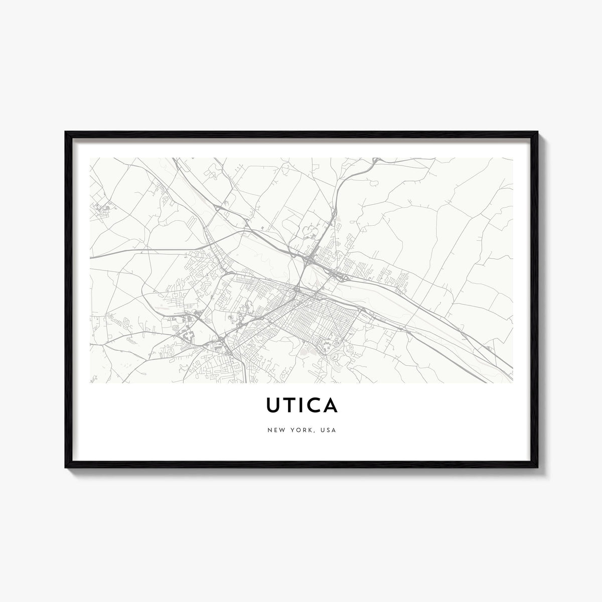Utica black & white map poster of New York, USA – horizontal wall art, unframed print shown in interior mockup