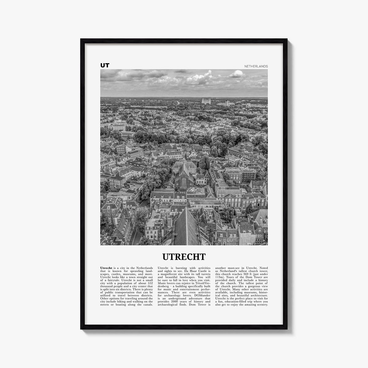 Utrecht black & white newspaper poster of Netherlands – vertical wall art, unframed print shown in interior mockup