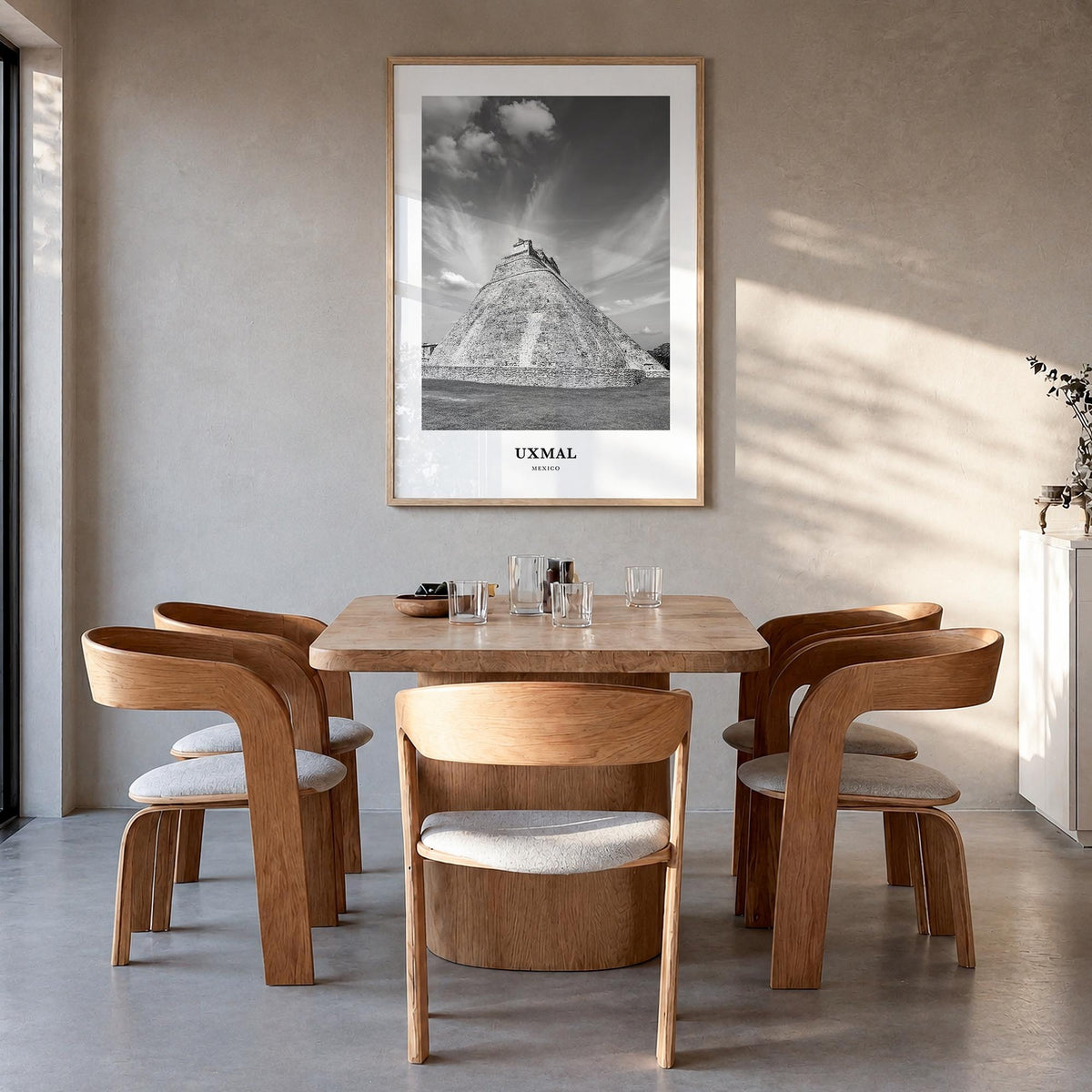 Uxmal black & white classic poster of Mexico – vertical wall art in natural wood frame, hanging on wall