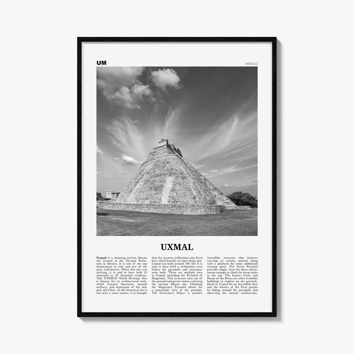 Uxmal black & white newspaper poster of Mexico – vertical wall art, unframed print shown in interior mockup