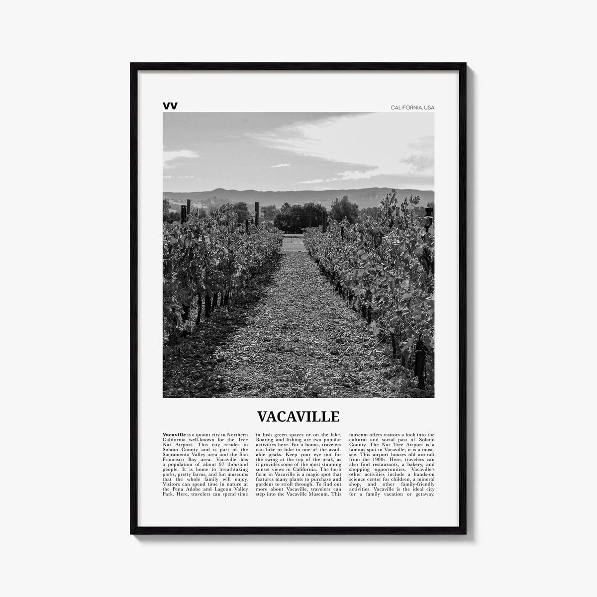Vacaville black & white newspaper poster of California, USA – vertical wall art, unframed print shown in interior mockup