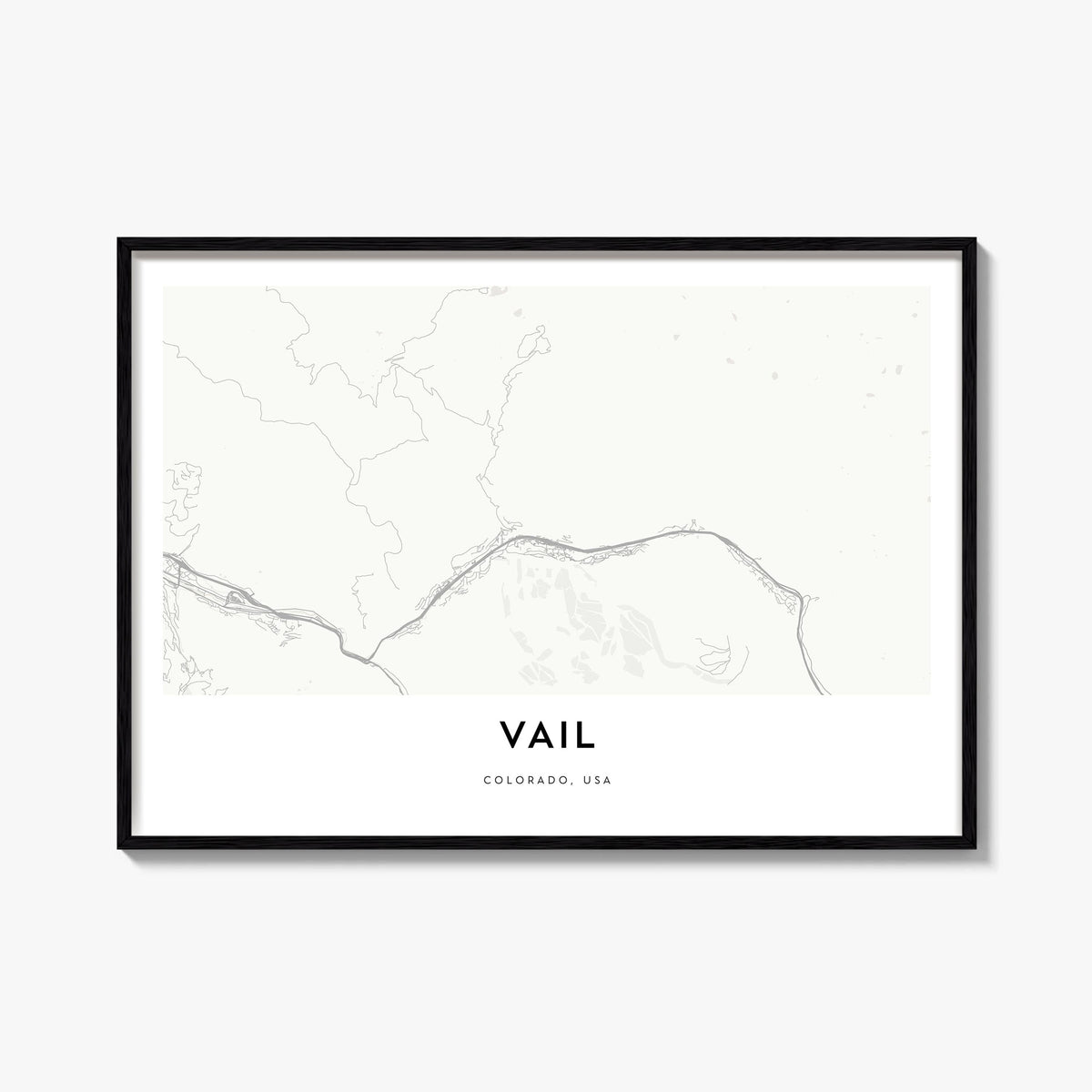 Vail black & white map poster of Colorado, USA – horizontal wall art, unframed print shown in interior mockup