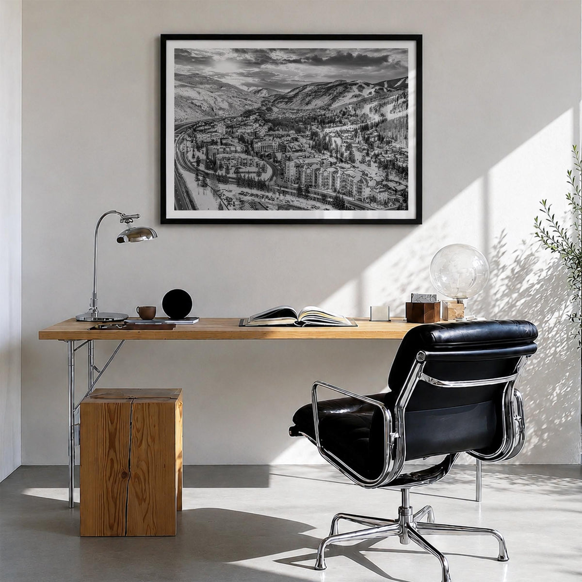 Vail black & white photo poster of Colorado, USA – horizontal wall art in black wood frame with white border, hanging on wall