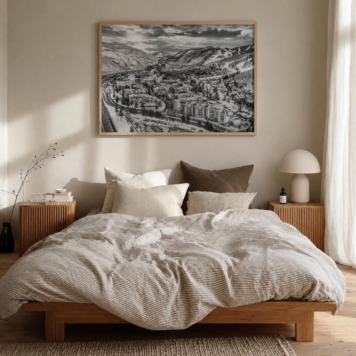 Vail black & white photo poster of Colorado, USA – horizontal wall art in natural wood frame, hanging on wall