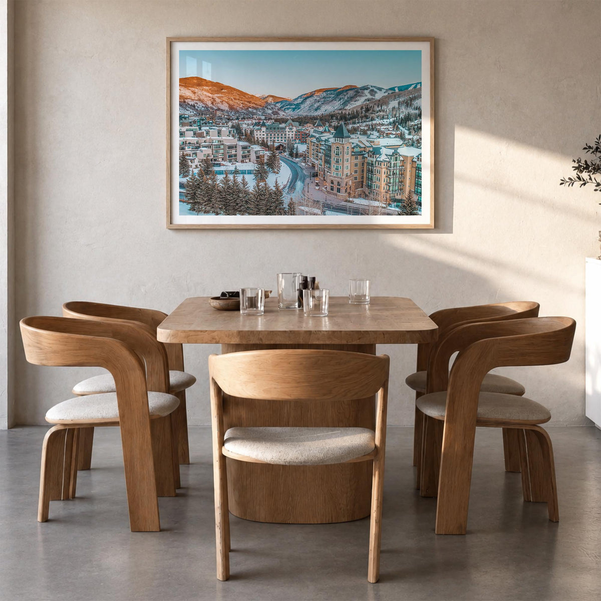 Vail colorful photo poster of Colorado, USA – horizontal wall art in natural wood frame with white border, hanging on wall