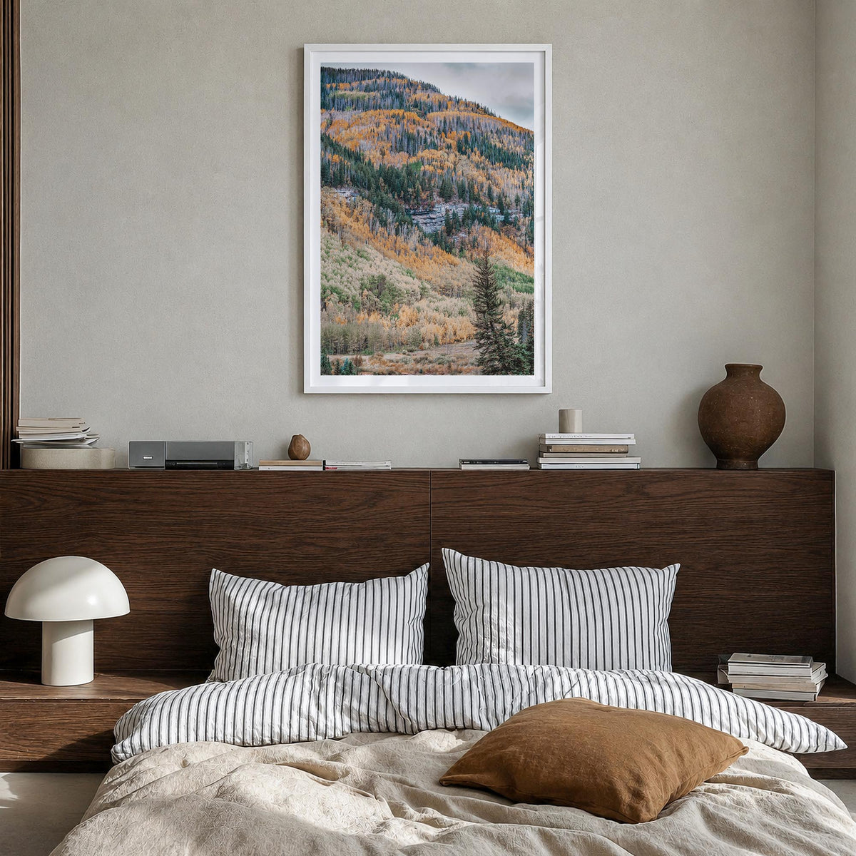 Vail no. 2 colorful photo poster of Colorado, USA – vertical wall art in white wood frame with white border, hanging on wall