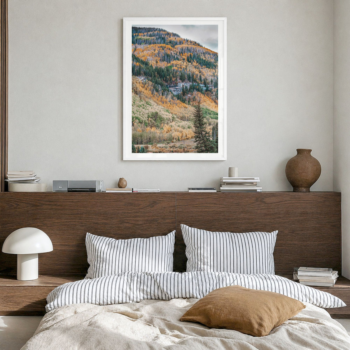 Vail Photo No 2 Poster in a white wood frame, hanging in a bedroom, white border