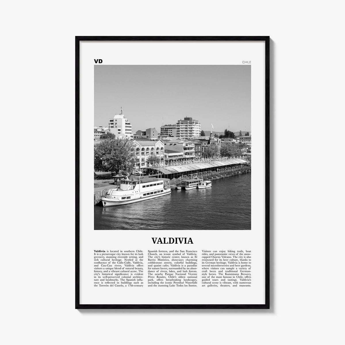 Valdivia black & white newspaper poster of Chile – vertical wall art, unframed print shown in interior mockup