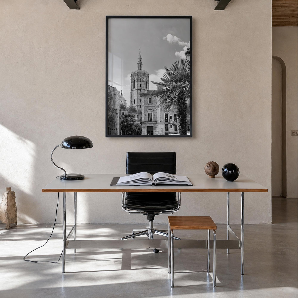 Valencia black & white photo poster of Spain – vertical wall art in black wood frame, hanging on wall