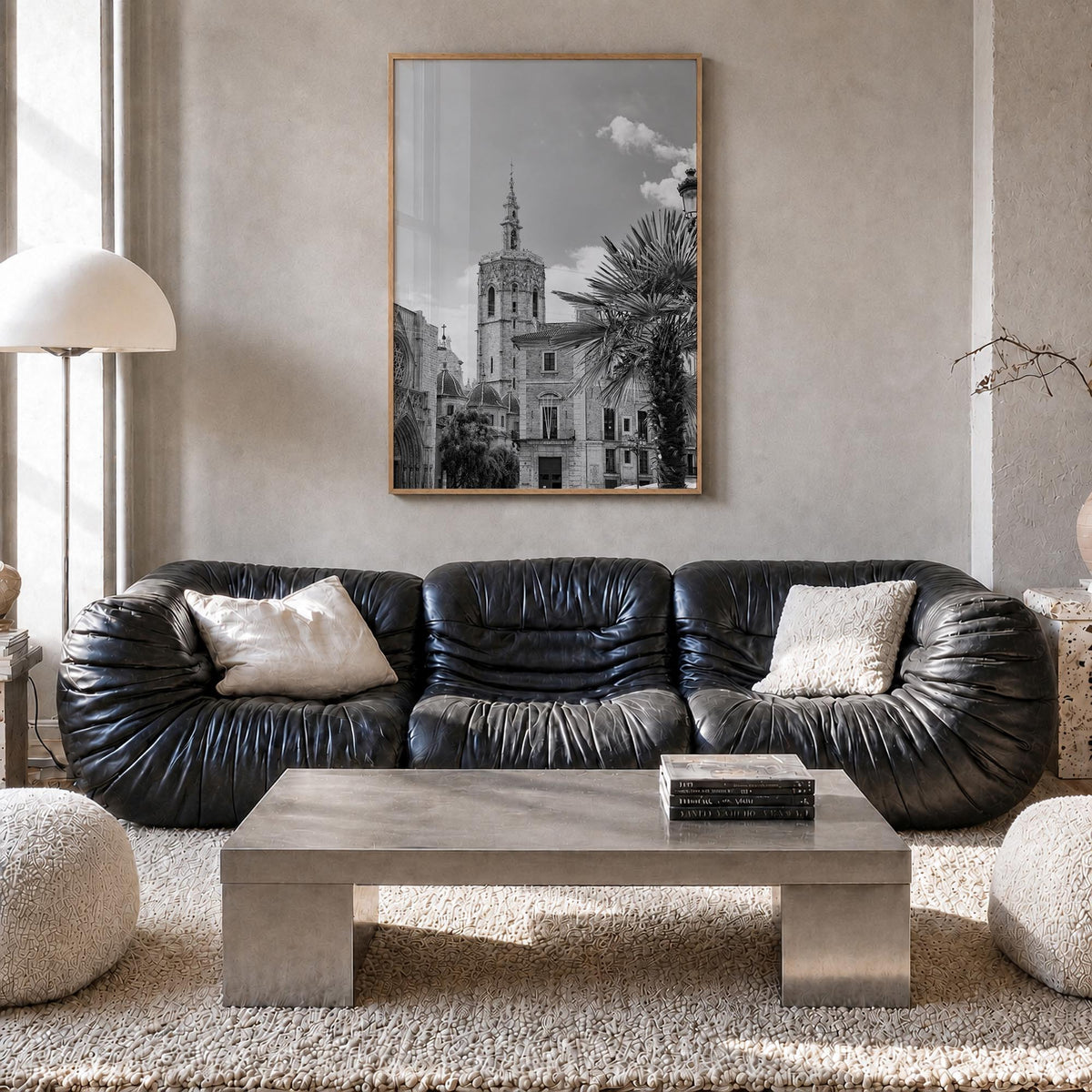 Valencia black & white photo poster of Spain – vertical wall art in natural wood frame, hanging on wall