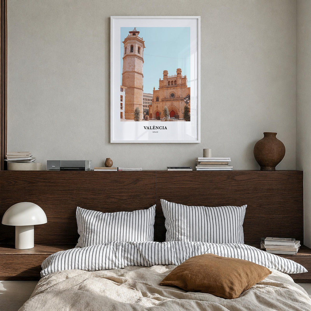Valencia no. 1 colorful classic poster of Spain – vertical wall art in white wood frame, hanging on wall
