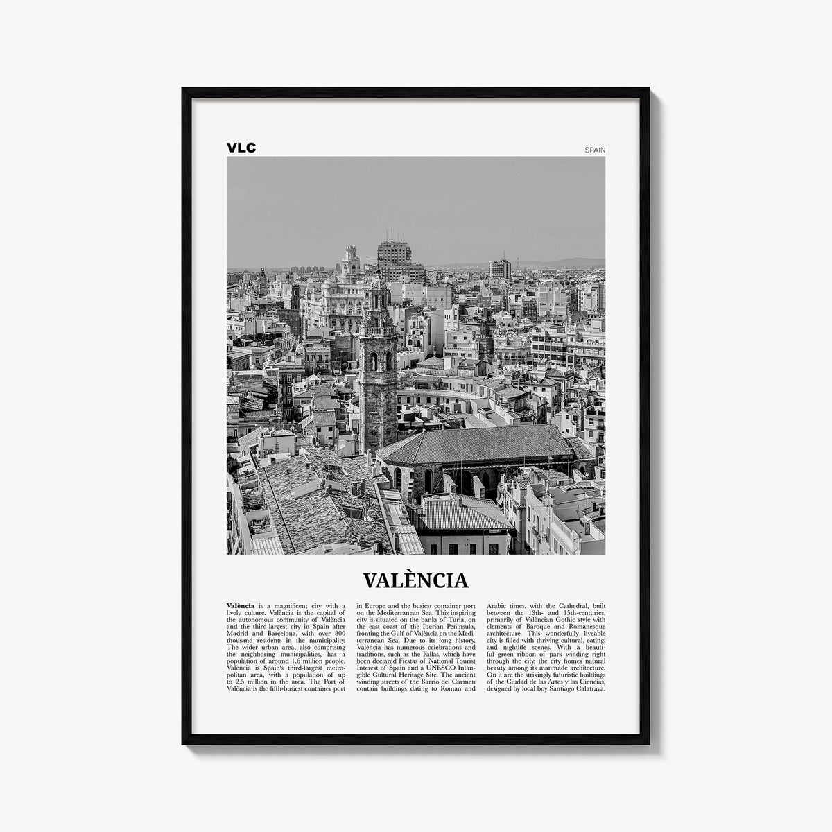 Valencia no. 2 black & white newspaper poster of Spain – vertical wall art, unframed print shown in interior mockup
