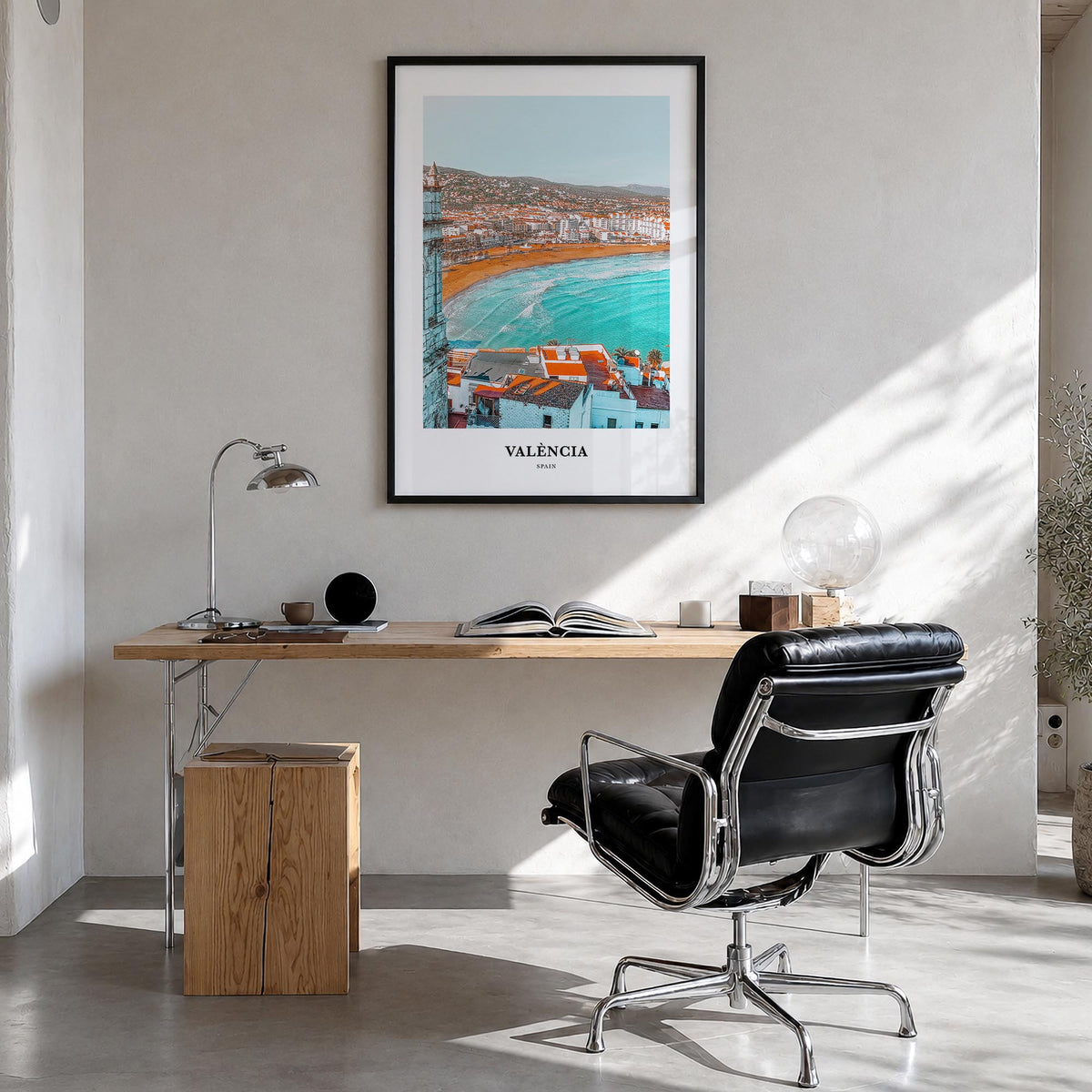 Valencia no. 2 colorful classic poster of Spain – vertical wall art in black wood frame, hanging on wall