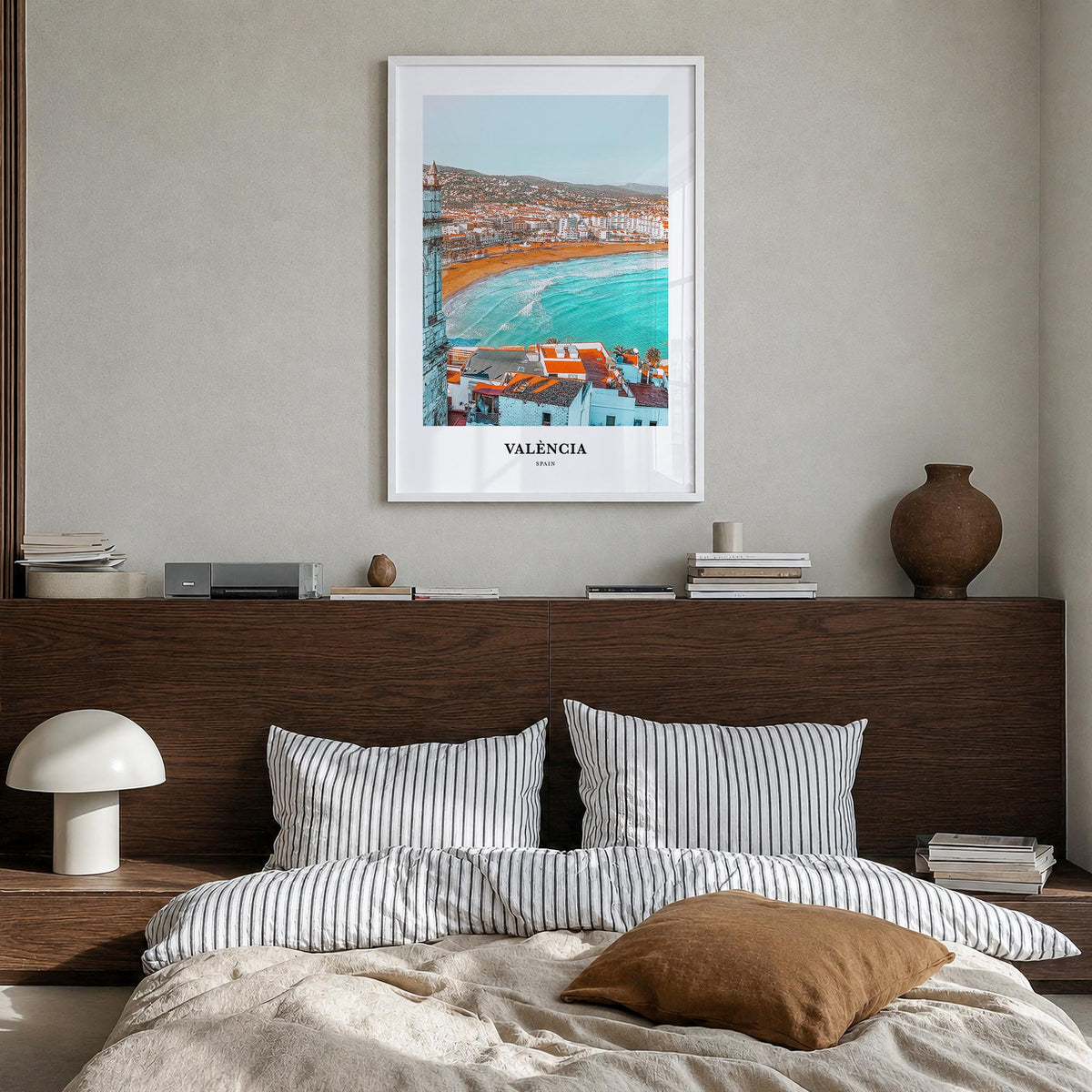 Valencia no. 2 colorful classic poster of Spain – vertical wall art in white wood frame, hanging on wall