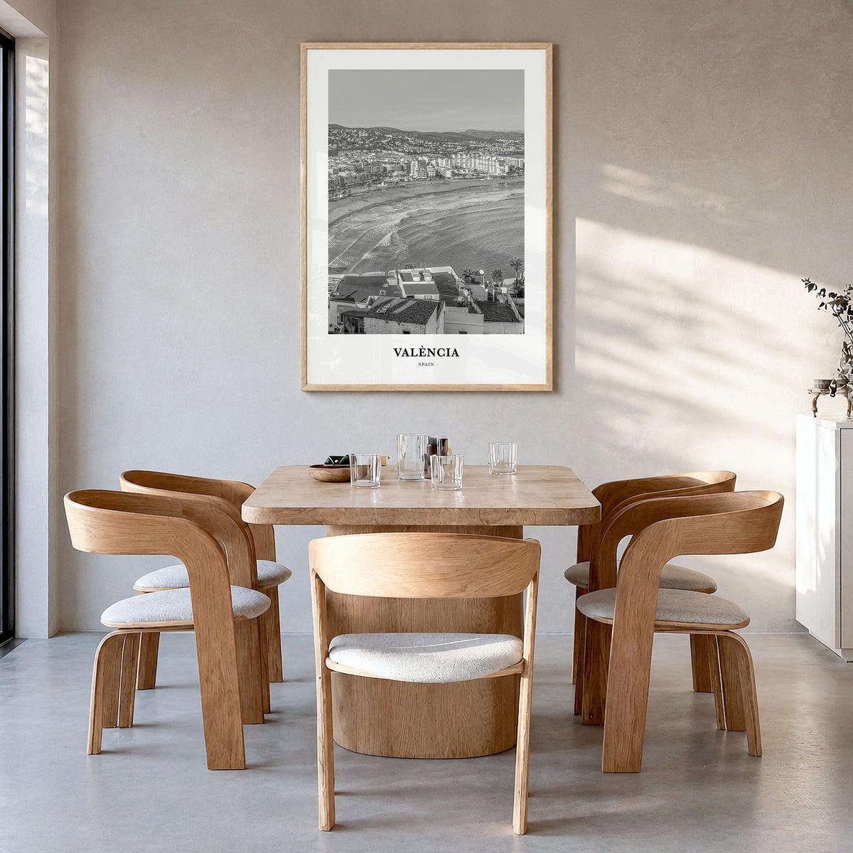 Valencia Classic No 2 Poster in a natural wood frame, hanging in a dining room