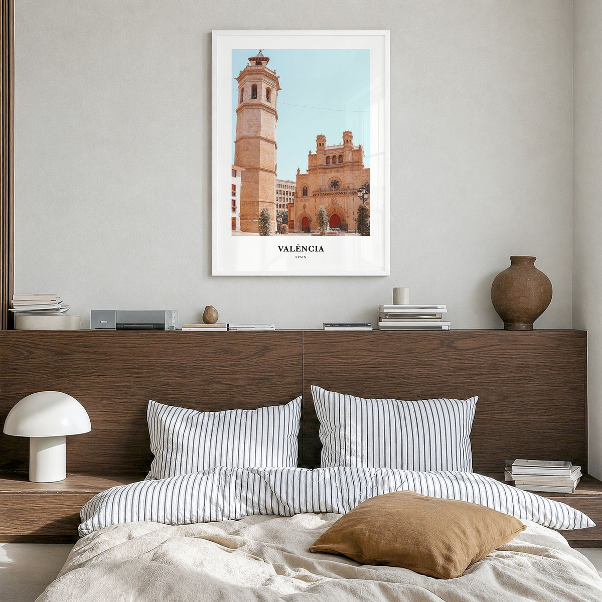 Valencia Classic No 1 Poster in a white wood frame, hanging in a bedroom