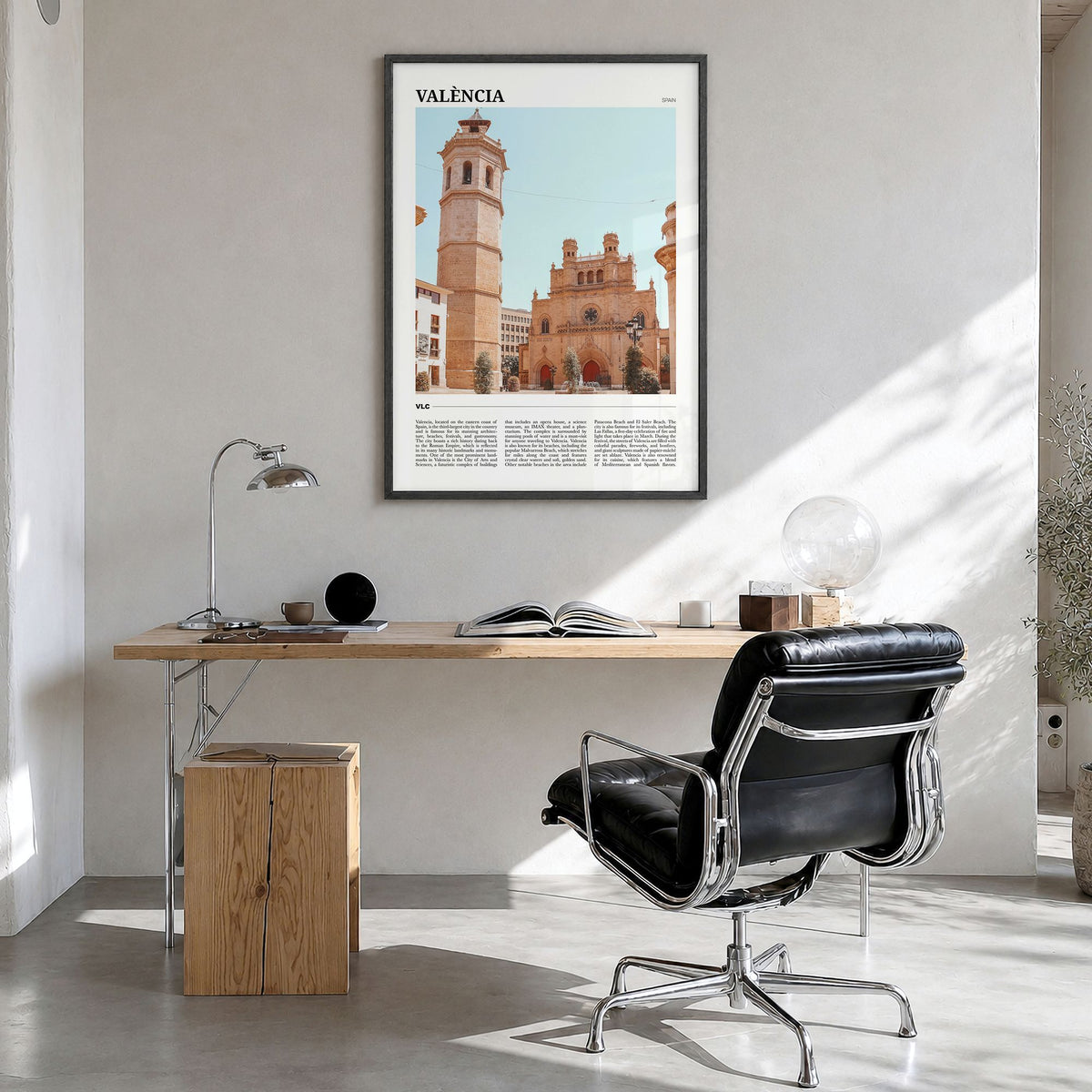 Valencia Travel No 1 Poster in a black wood frame, hanging in a bright home office