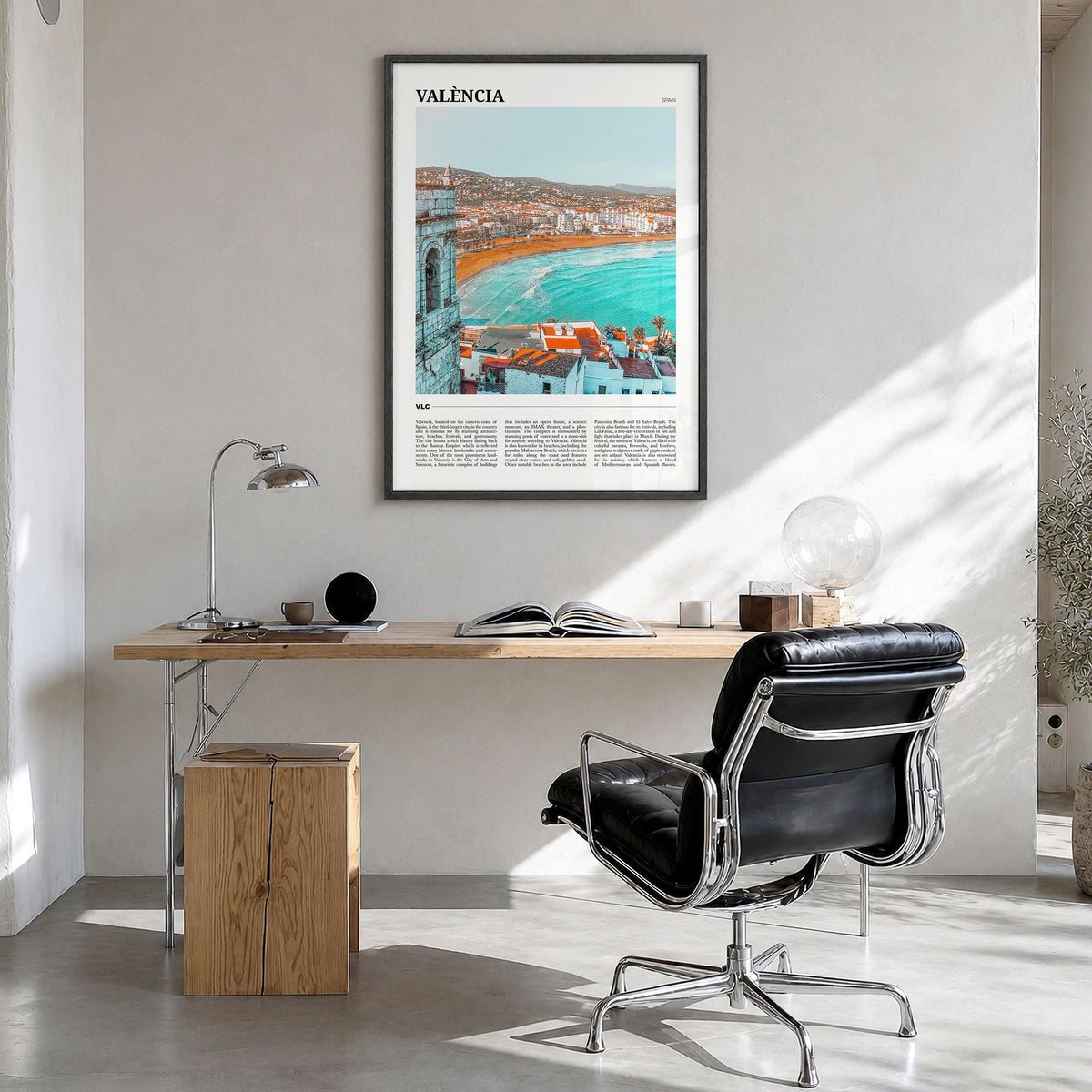 Valencia Travel No 2 Poster in a black wood frame, hanging in a bright home office