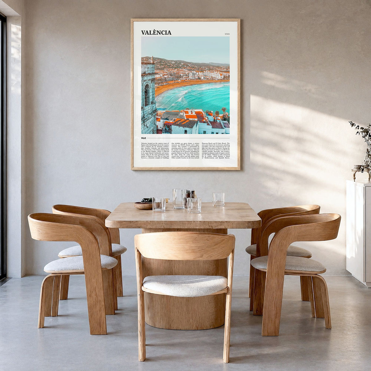 Valencia Travel No 2 Poster in a natural wood frame, hanging in a dining room